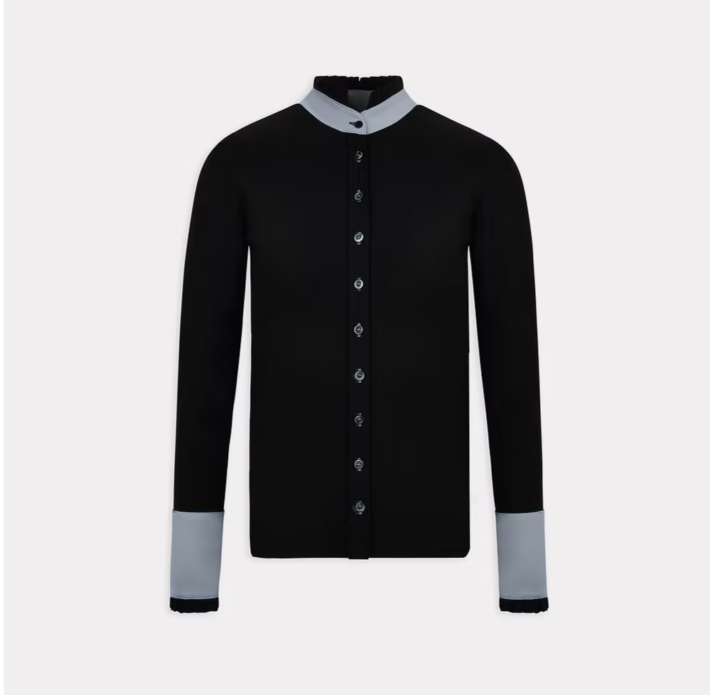 Long Sleeve Button Ruffle Shirt in Black with Grey Details - AVIAR