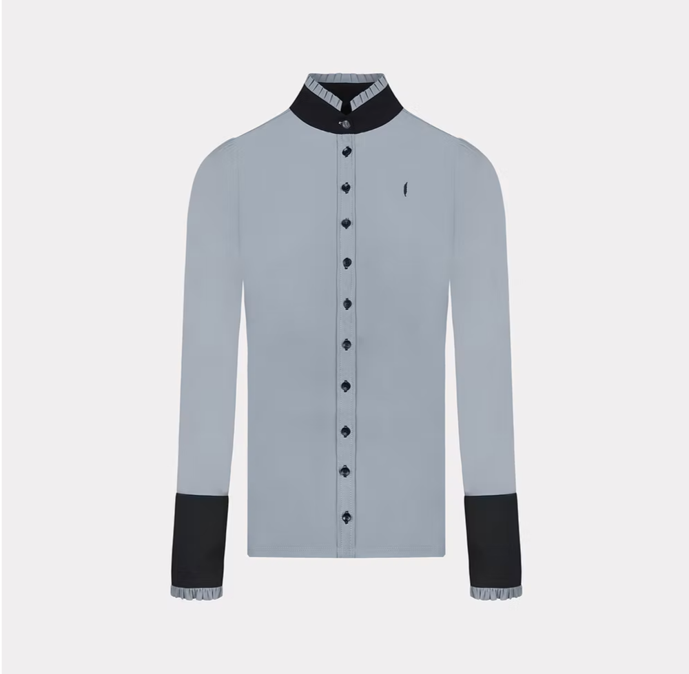 Long Sleeve Button Ruffle Shirt in Grey with Black Details - AVIAR
