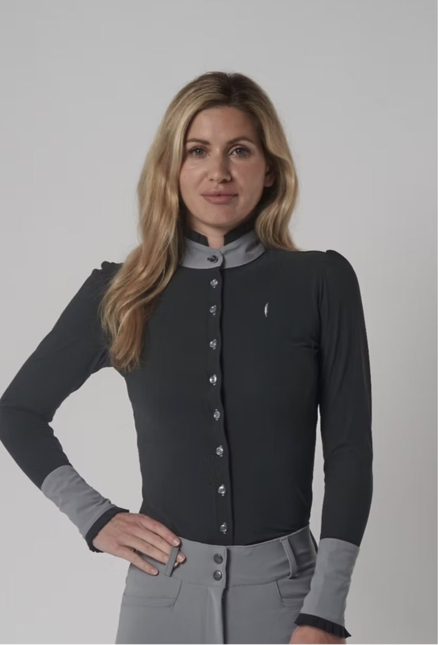 
                  
                    Long Sleeve Button Ruffle Shirt in Anthracite with Grey Details - AVIAR
                  
                