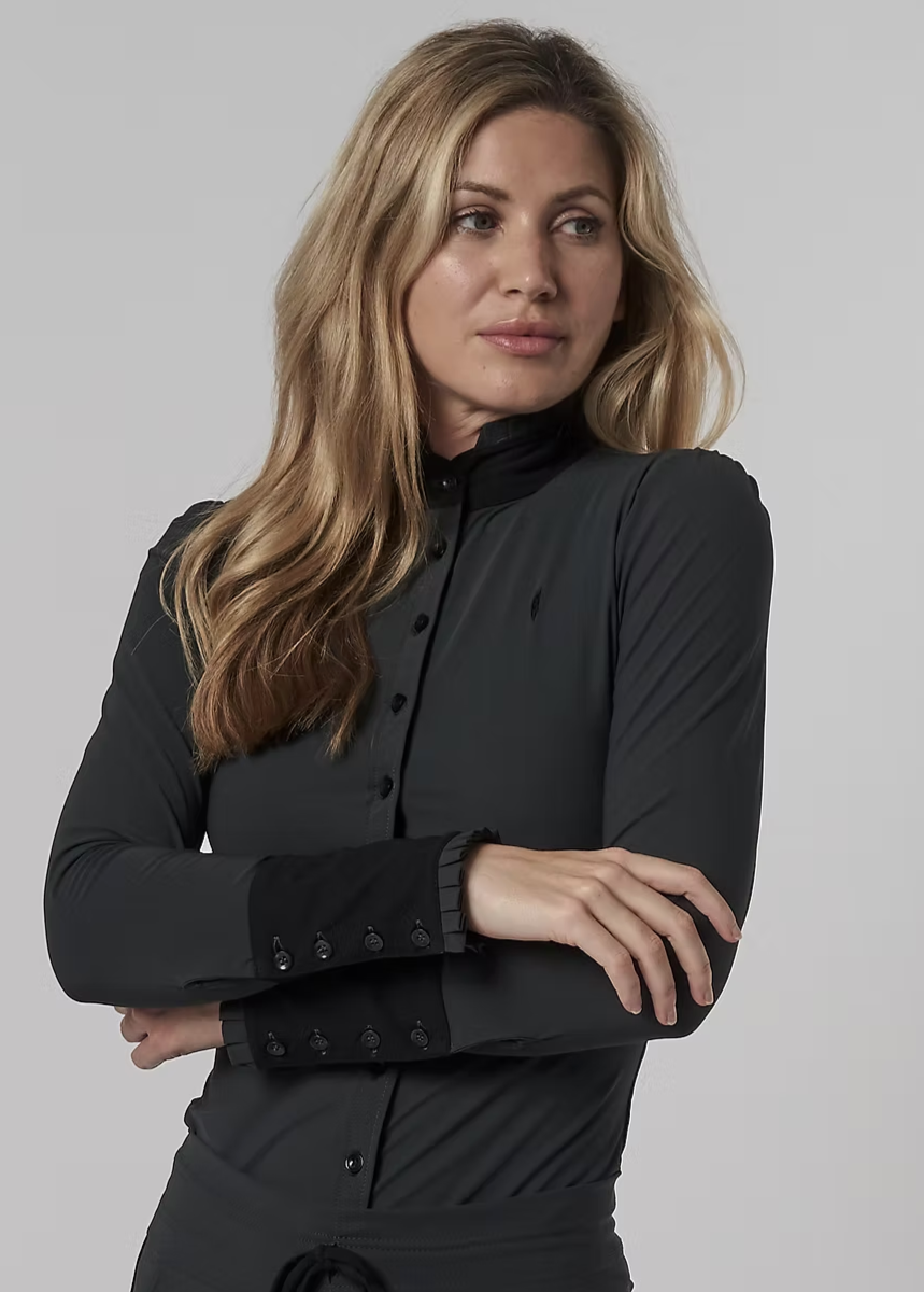 Long Sleeve Button Ruffle Shirt in Anthracite with Black Details - AVIAR