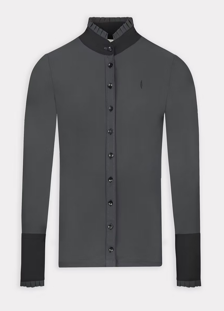 
                  
                    Long Sleeve Button Ruffle Shirt in Anthracite with Black Details - AVIAR
                  
                