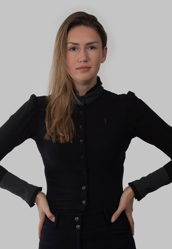 
                  
                    Long Sleeve Button Ruffle Shirt in Black with Anthracite Details - AVIAR
                  
                