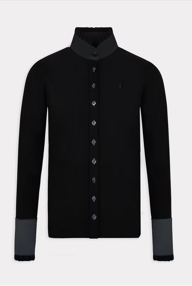 
                  
                    Long Sleeve Button Ruffle Shirt in Black with Anthracite Details - AVIAR
                  
                