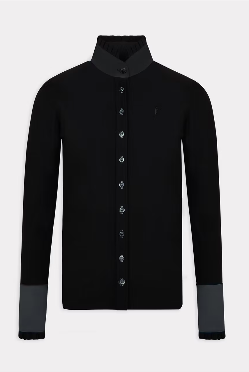 
                  
                    Long Sleeve Button Ruffle Shirt in Black with Anthracite Details - AVIAR
                  
                