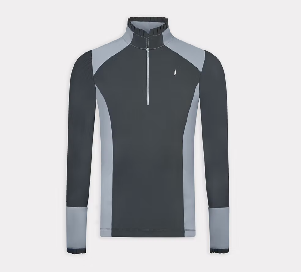 Long Sleeve Zip-up Ruffle Shirt in Anthracite with Grey Details - AVIAR