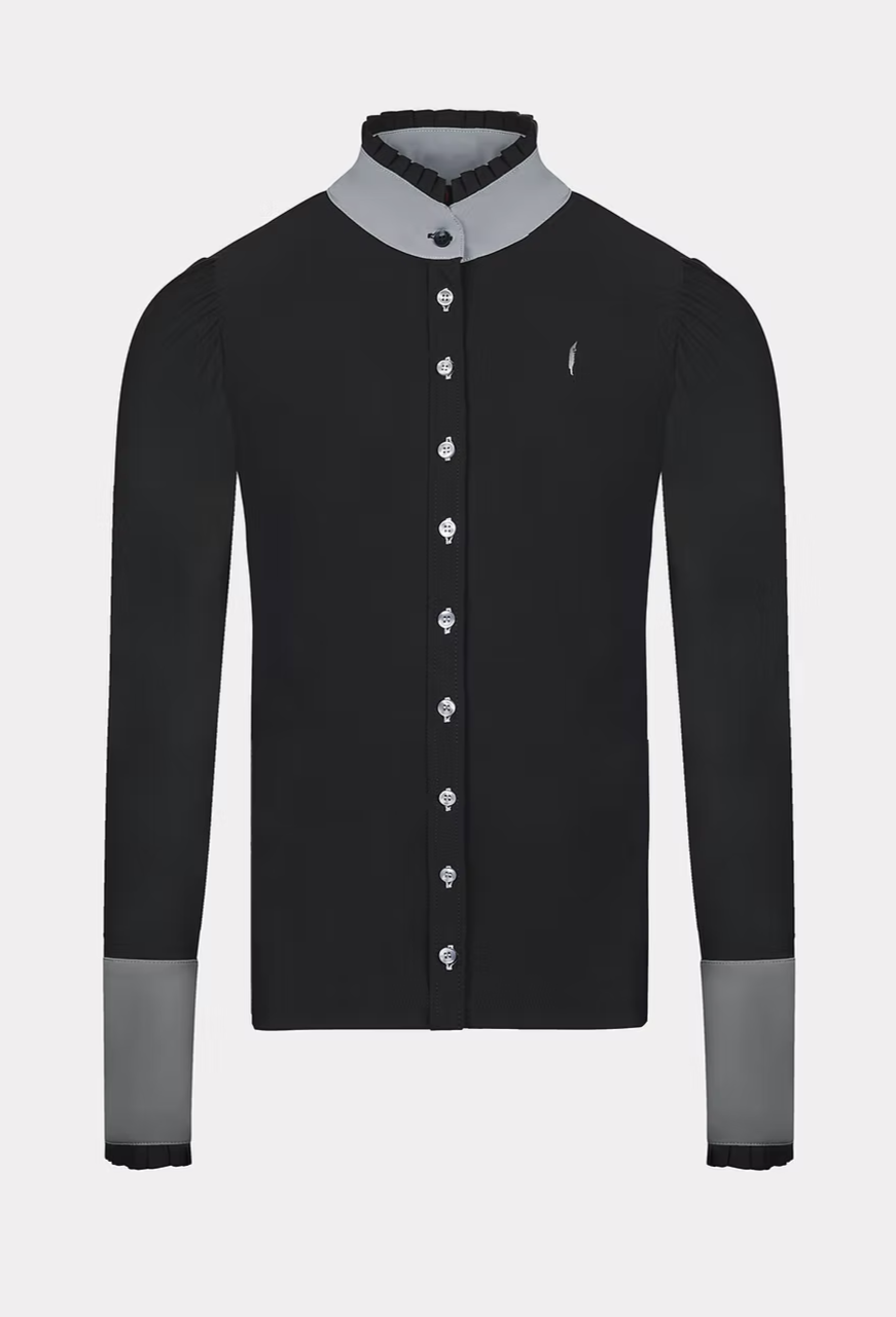 Long Sleeve Button Ruffle Shirt in Anthracite with Grey Details - AVIAR