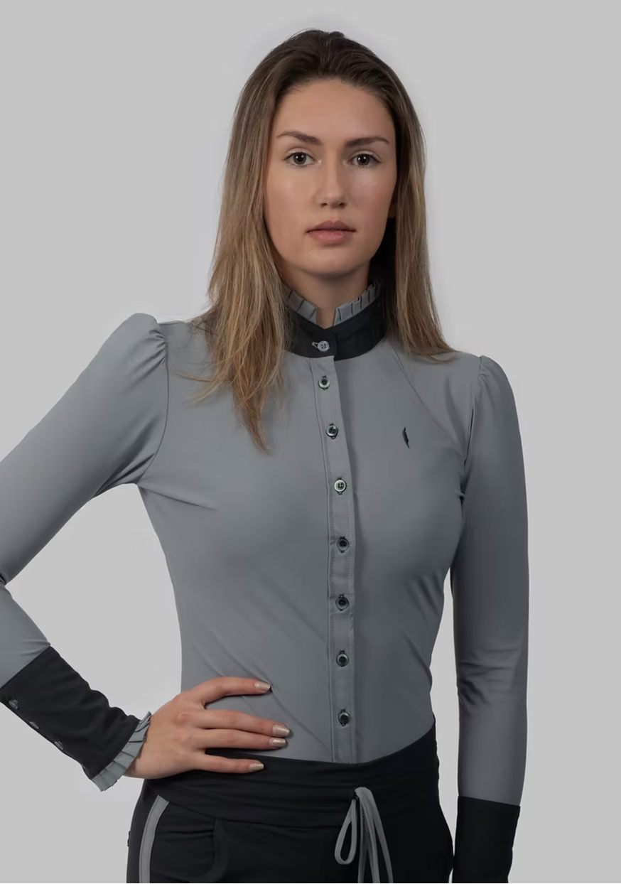
                  
                    Long Sleeve Button Ruffle Shirt in Grey with Anthracite Details - AVIAR
                  
                