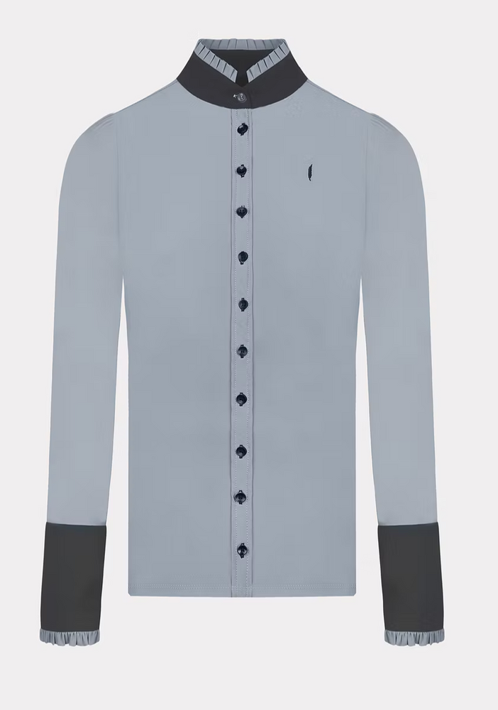 
                  
                    Long Sleeve Button Ruffle Shirt in Grey with Anthracite Details - AVIAR
                  
                