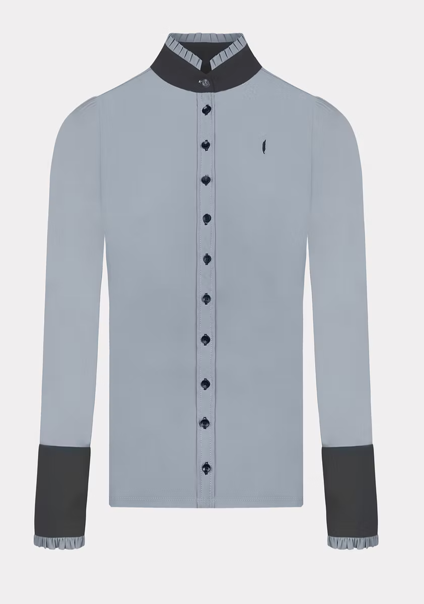 
                  
                    Long Sleeve Button Ruffle Shirt in Grey with Anthracite Details - AVIAR
                  
                
