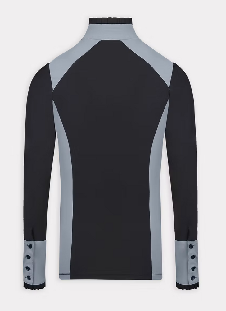 
                  
                    Long Sleeve Zip-up Ruffle Shirt in Black with Grey Details - AVIAR
                  
                