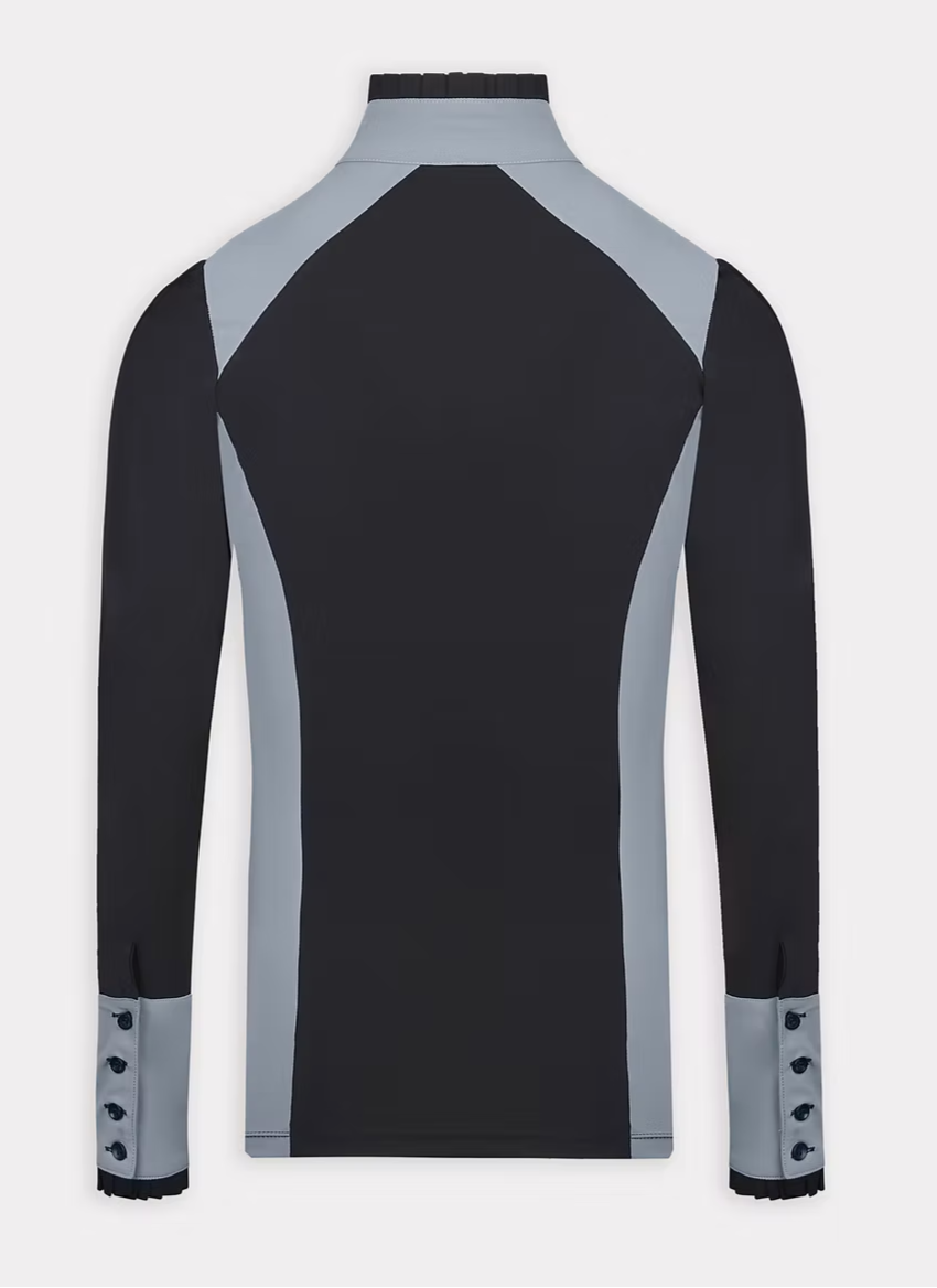 Long Sleeve Zip-up Ruffle Shirt in Black with Grey Details - AVIAR